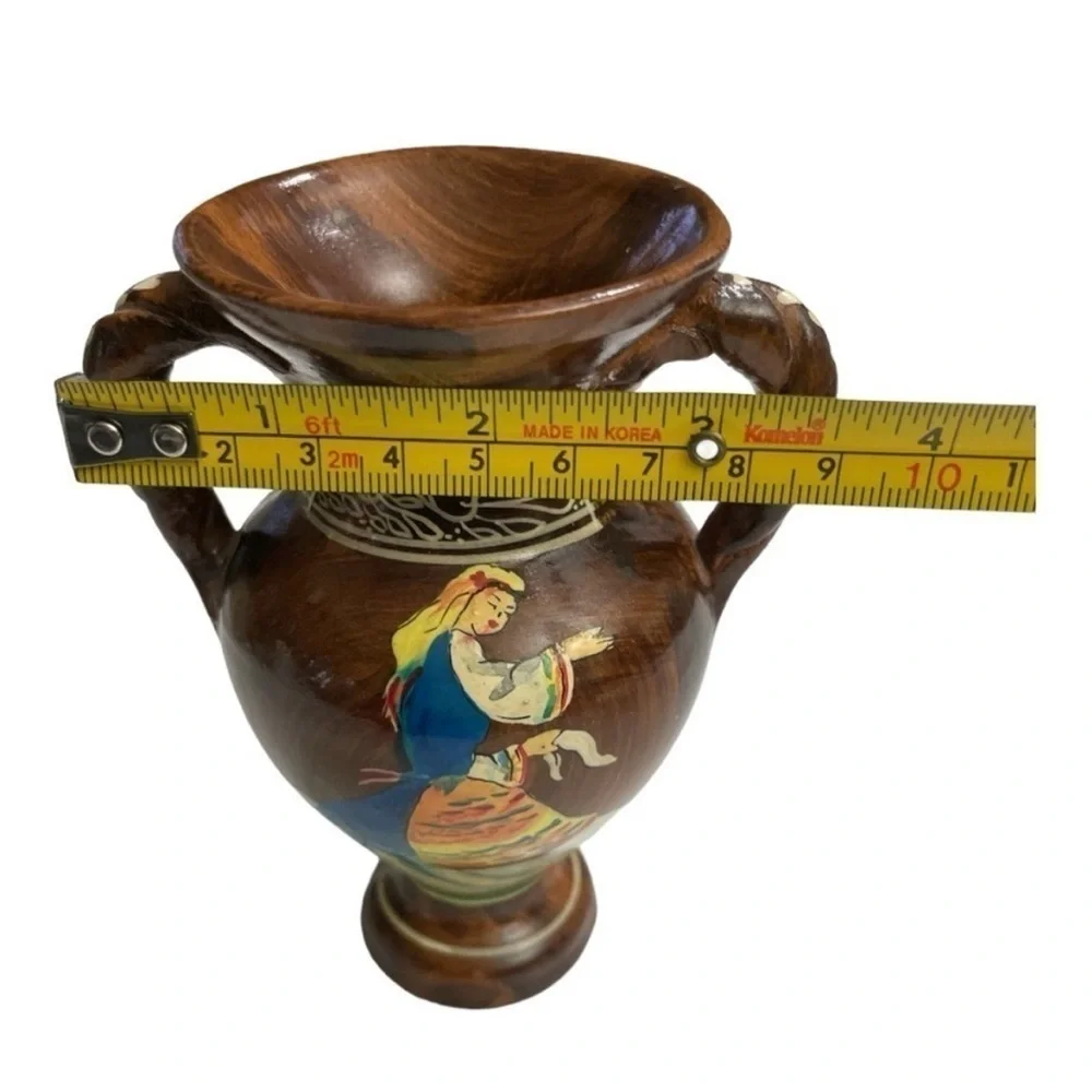 Vintage Signed Handmade Greek Pottery Vase Woman Double Handle Made in Greece